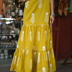 Khushal K Women's Yellow Printed Cotton Flared Maxi Skirt