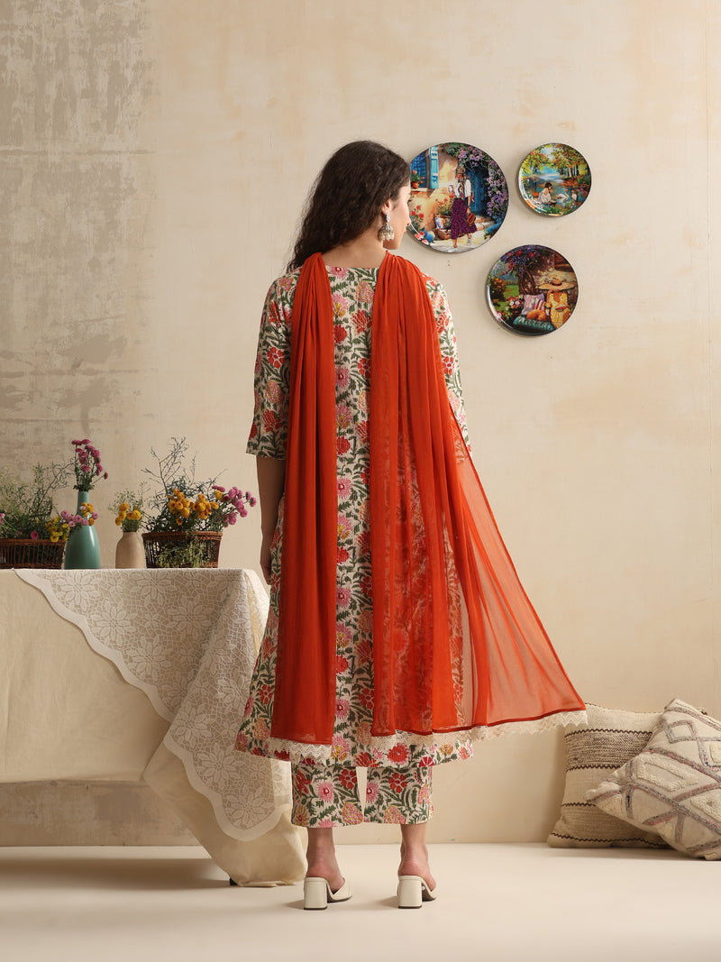 Khushal K Women Floral Printed Regular Pure Cotton White Kurta & Palazzo With Dupatta