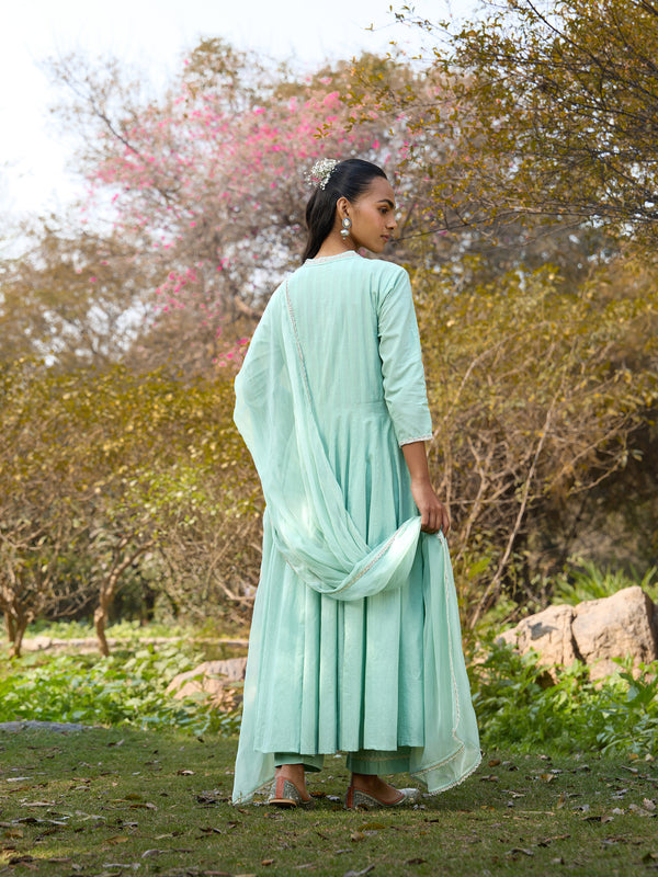 Khushal K Women Cotton Kurta and Palazzo With Dupatta Set - Green