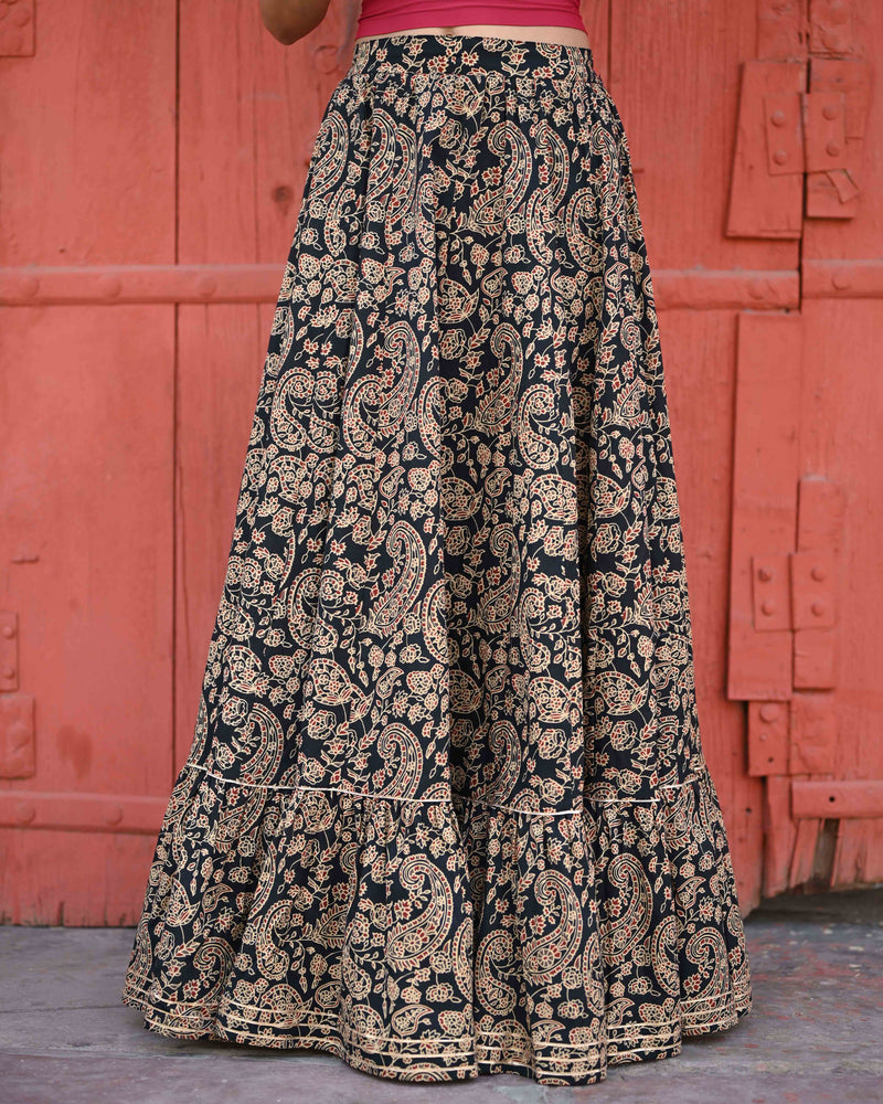 Khushal K Women's Black Printed Cotton Flared Maxi Skirt