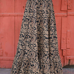 Khushal K Women's Black Printed Cotton Flared Maxi Skirt