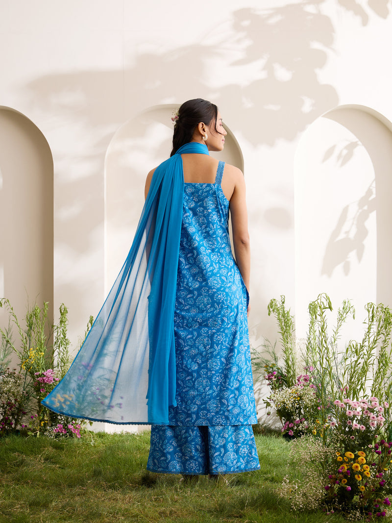 Khushal K Women Cotton Kurta And Palazzo With Dupatta Set - Blue
