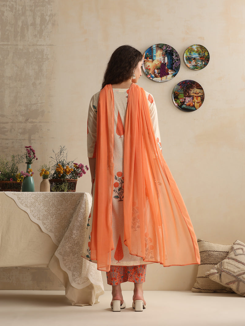 Khushal K Women Floral Off-White Printed Regular Pure Cotton Kurta & Palazzo With Dupatta