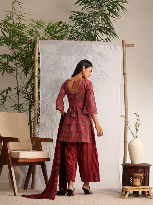 Khushal K Women Cotton kurti and Farshi Salwar with dupatta set - Maroon