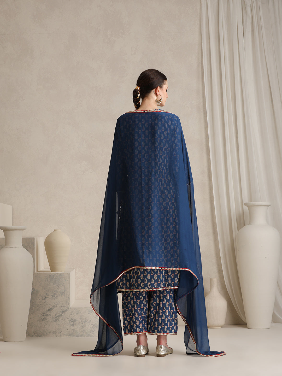 Floral Printed V-Neck Pure Cotton Kurta With Palazzos And Dupatta