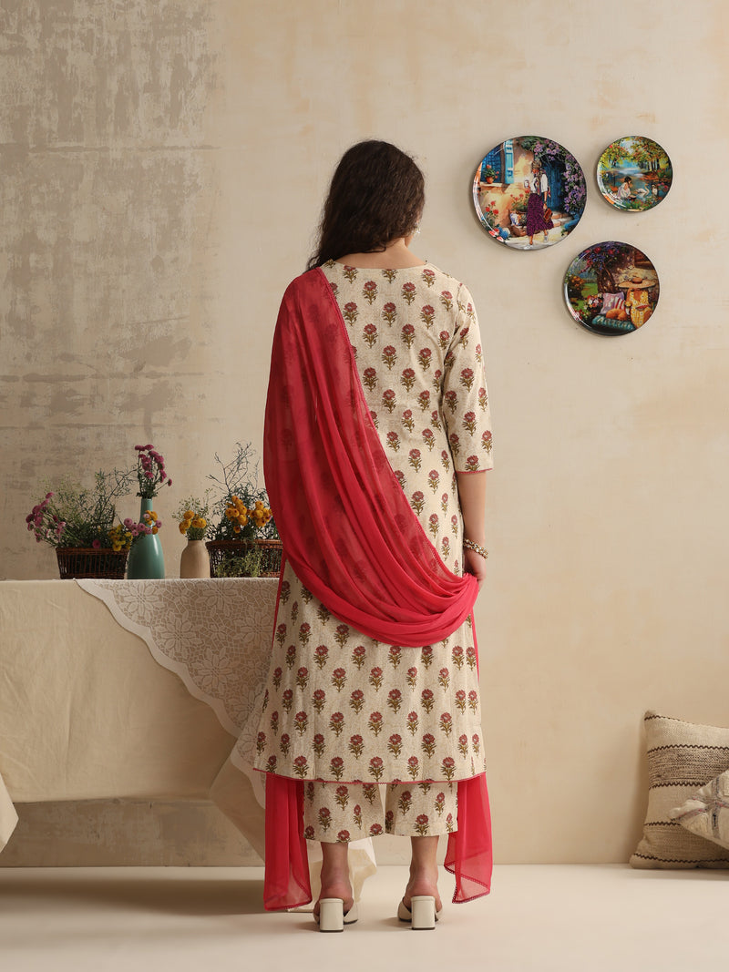 Khushal K Women Floral Printed Cream Regular Pure Cotton Kurta & Palazzo With Dupatta