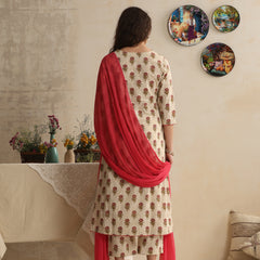 Khushal K Women Floral Printed Cream Regular Pure Cotton Kurta & Palazzo With Dupatta