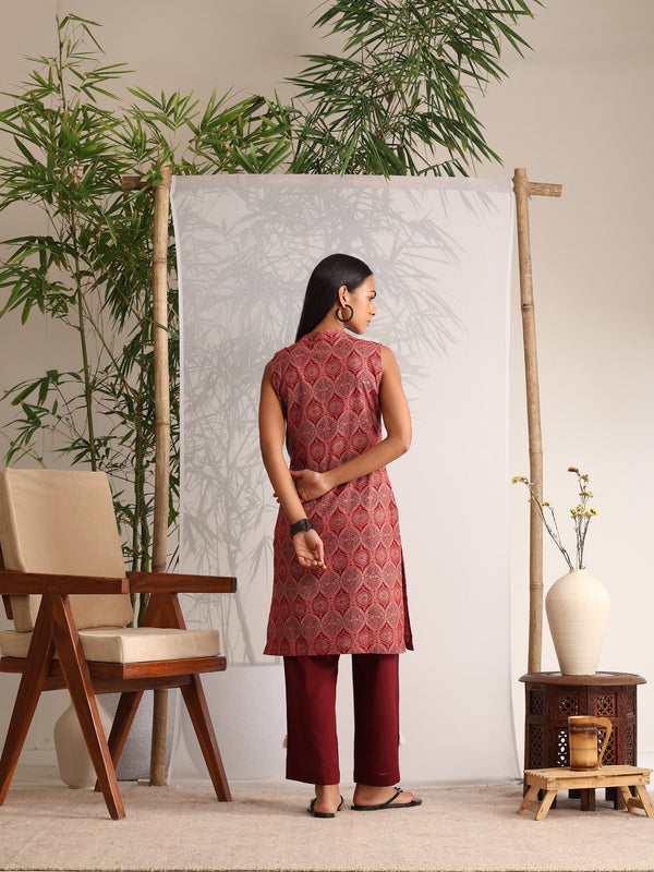 Khushal K Women Cotton kurta With Pant set - Maroon