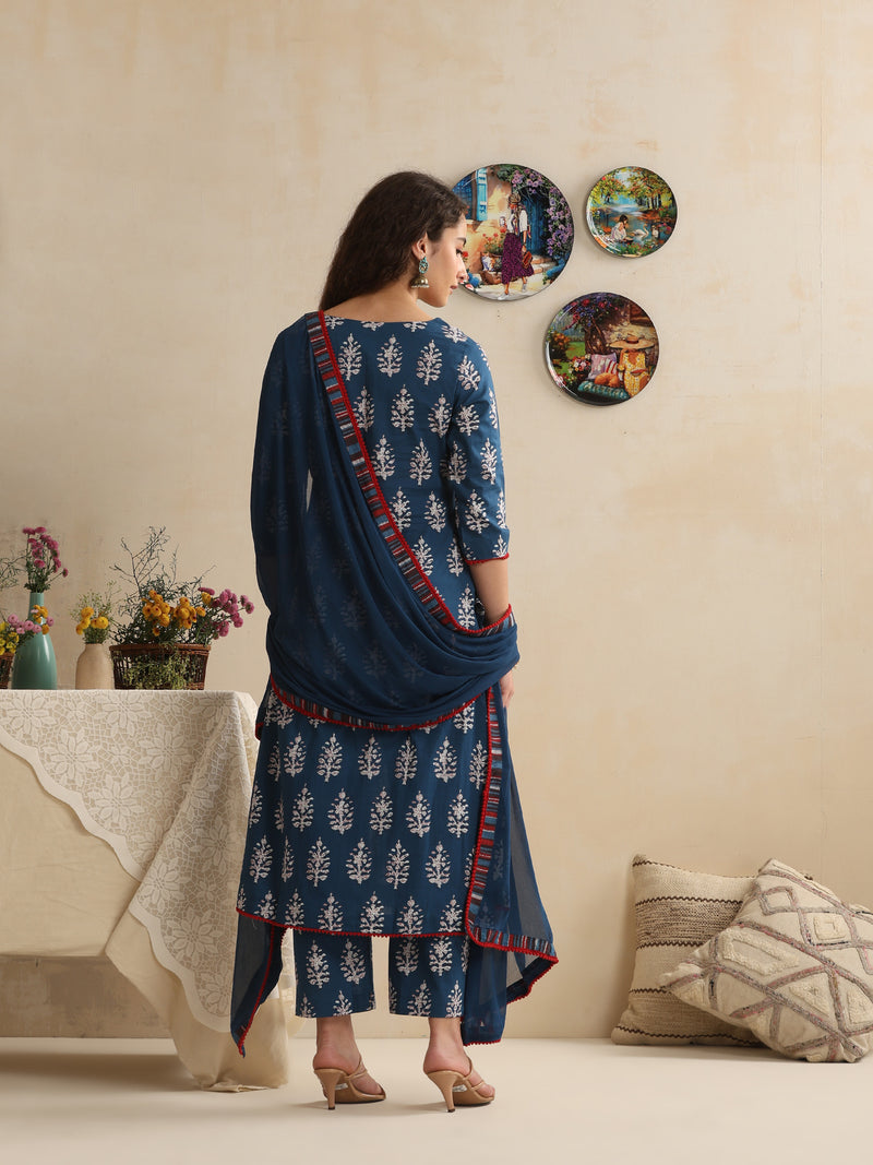 Khushal K Women Floral Printed Regular Pure Cotton Blue Kurta & Palazzo With Dupatta
