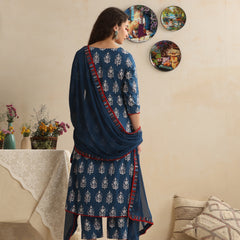 Khushal K Women Floral Printed Regular Pure Cotton Blue Kurta & Palazzo With Dupatta