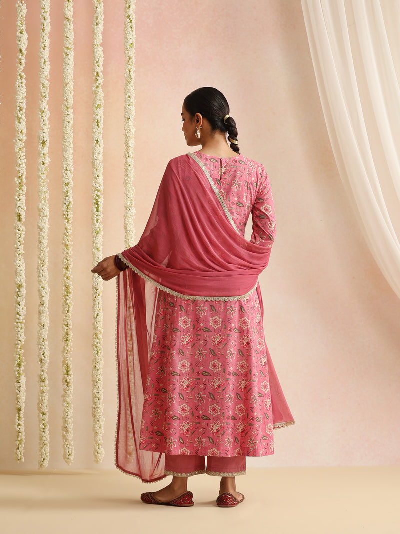 Women Floral Printed Cotton Anarkali Kurta with Trousers & Dupatta