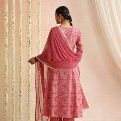 Women Floral Printed Cotton Anarkali Kurta with Trousers & Dupatta
