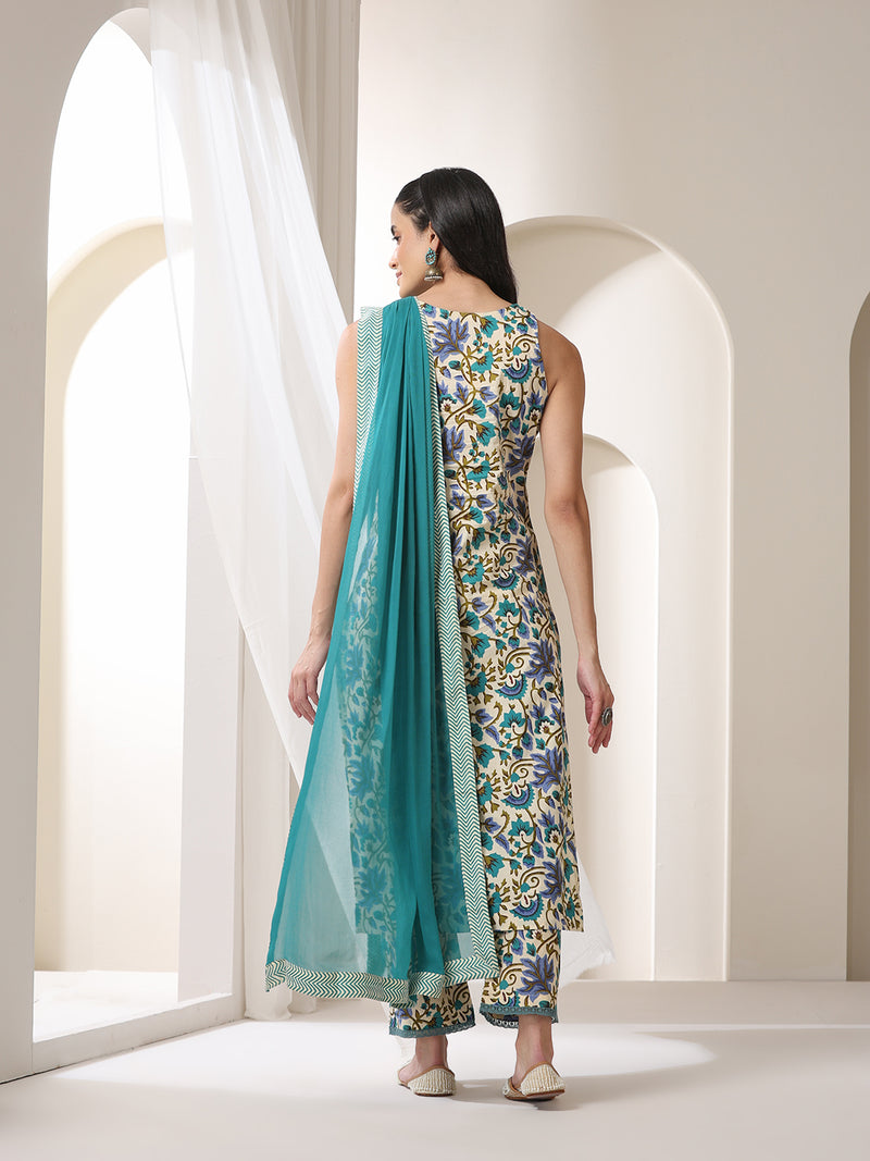 Khushal K Women Floral Printed Cotton Kurta with Trousers & Dupatta
