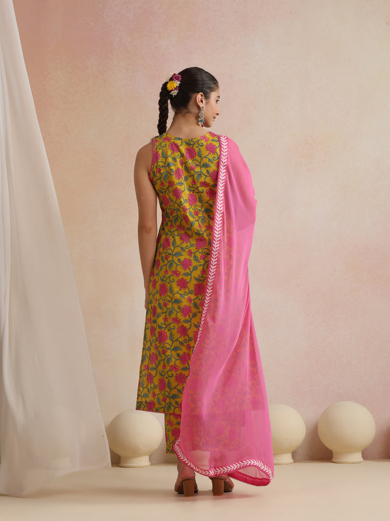 Khushal K Women Cotton Kurta Palazzo Dupatta Set - Yellow