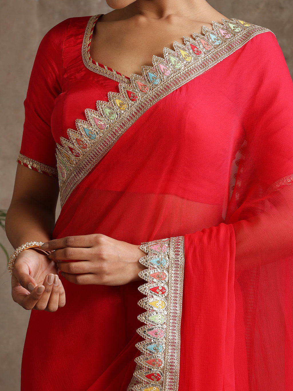 Red Poly Chiffon Fashion Saree