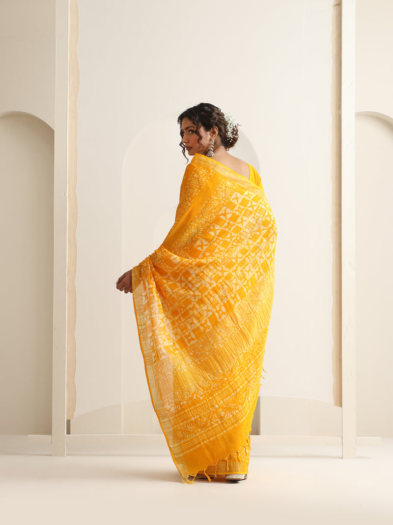 Women Hand Block Yellow Cotton Linen Printed Saree