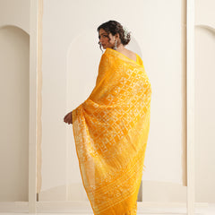 Women Hand Block Yellow Cotton Linen Printed Saree