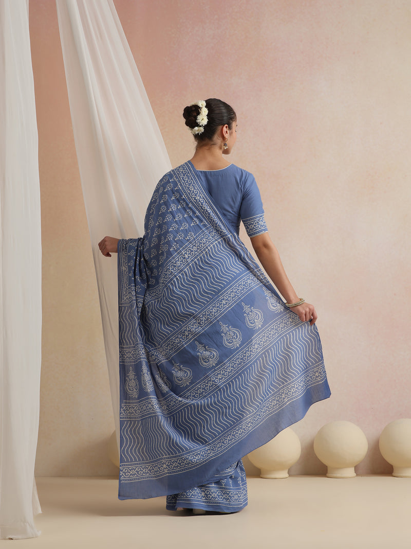 Women Hand Block Blue Pure Cotton Printed Saree