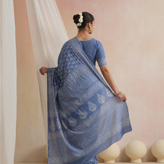 Women Hand Block Blue Pure Cotton Printed Saree