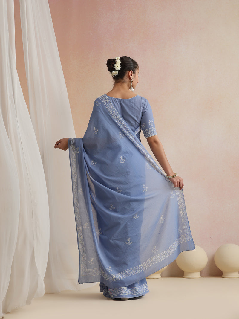 Women Hand Block Blue Pure Cotton Printed Saree