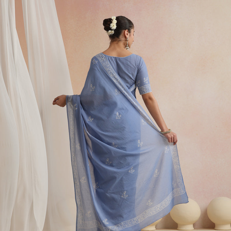Women Hand Block Blue Pure Cotton Printed Saree - Khushal K - Image 6