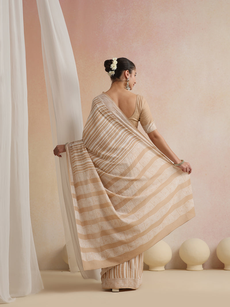 Women Hand Block Brown Pure Cotton Printed Saree