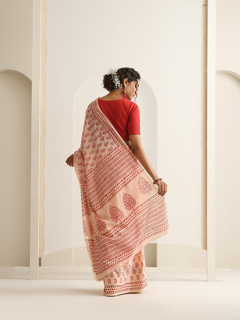Women Hand Block Peach Pure Cotton Printed Saree