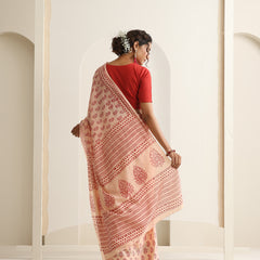 Women Hand Block Peach Pure Cotton Printed Saree
