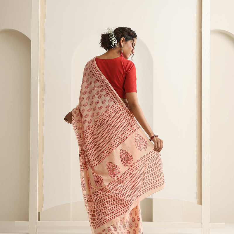 Women Hand Block Peach Pure Cotton Printed Saree - Khushal K - Image 6