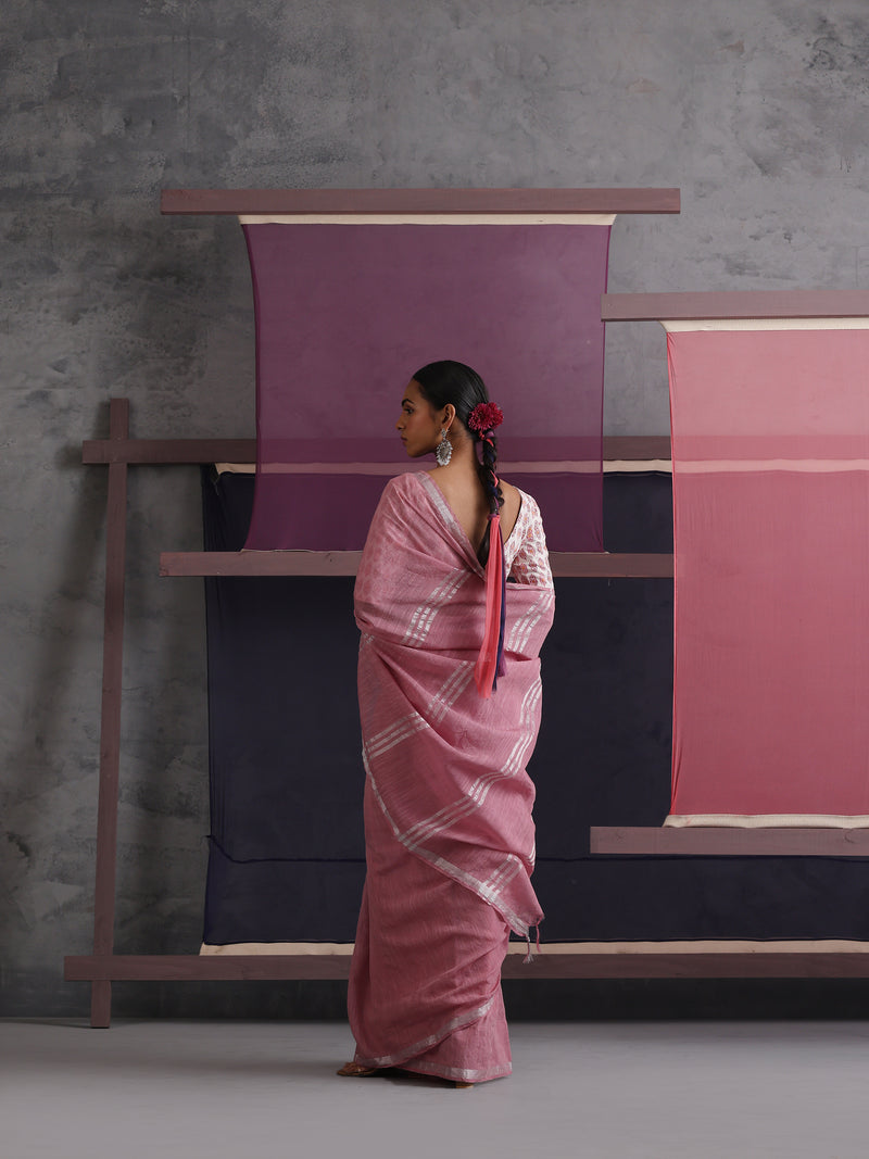 Women Cotton Pink Linen Printed Saree