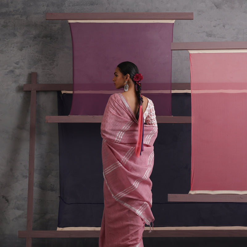 Women Cotton Pink Linen Printed Saree - Khushal K - Image 6