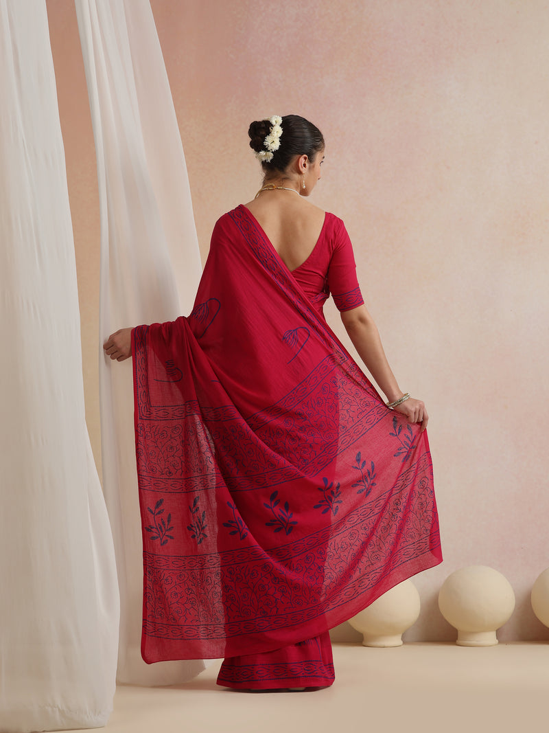 Women Hand Block Pink Pure Cotton Printed Saree