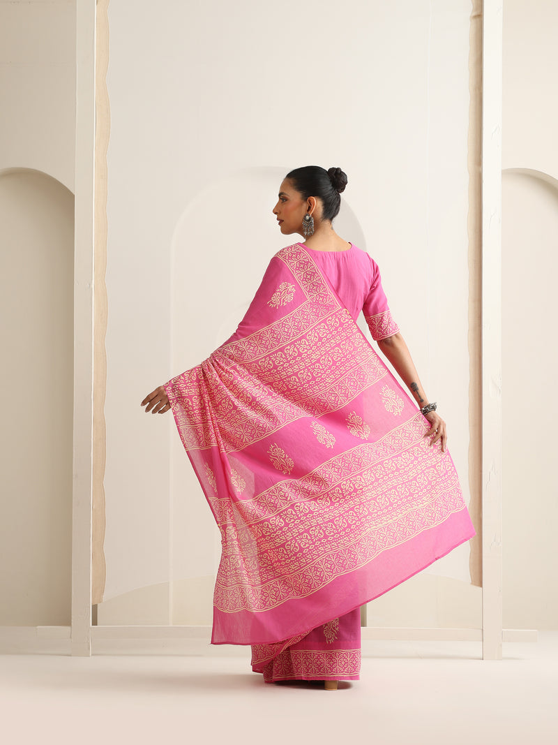 Women Hand Block Pink Pure Cotton Printed Saree