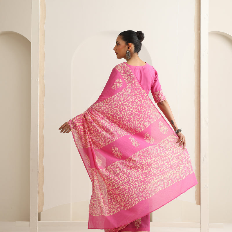 Women Hand Block Pink Pure Cotton Printed Saree - Khushal K - Image 5