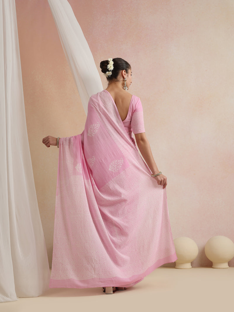 Women Hand Block Pink Pure Cotton Printed Saree