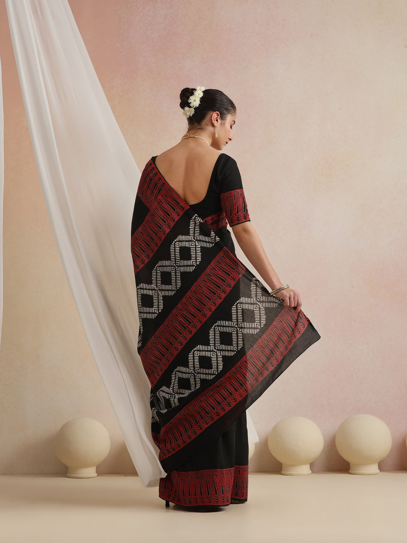 Women Hand Block Black Pure Cotton Printed Saree