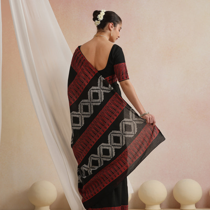 Women Hand Block Black Pure Cotton Printed Saree - Khushal K - Image 6