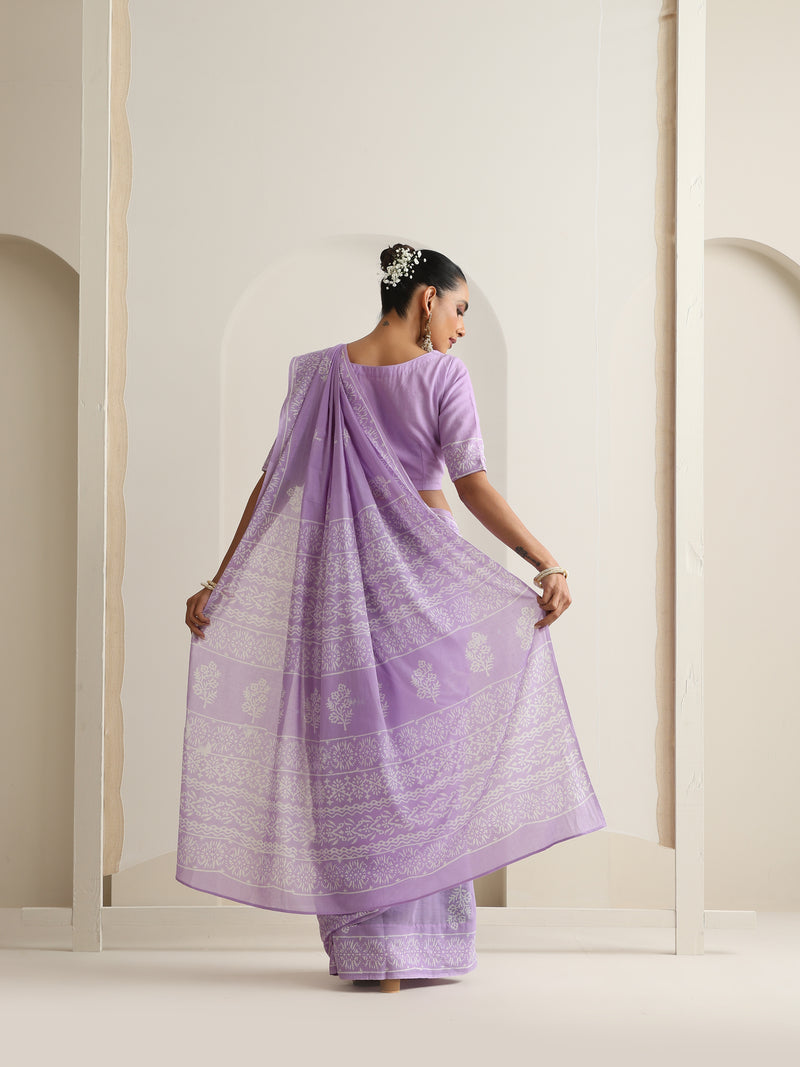 Women Hand Block Purple Pure Cotton Printed Saree