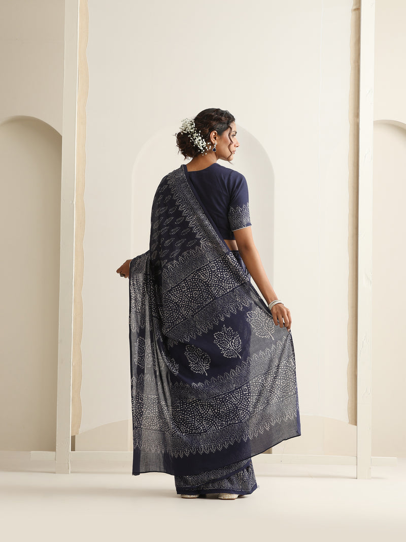 Women Hand Block Blue Pure Cotton Printed Saree