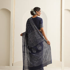 Women Hand Block Blue Pure Cotton Printed Saree