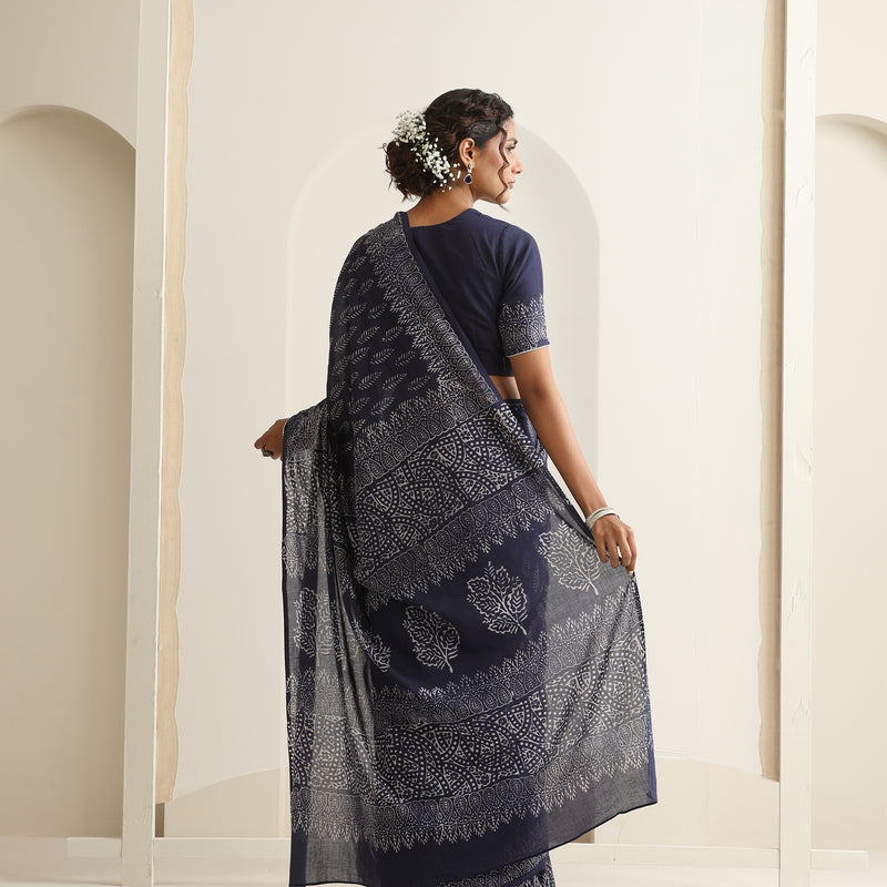 Women Hand Block Blue Pure Cotton Printed Saree - Navy - Khushal K - Image 6