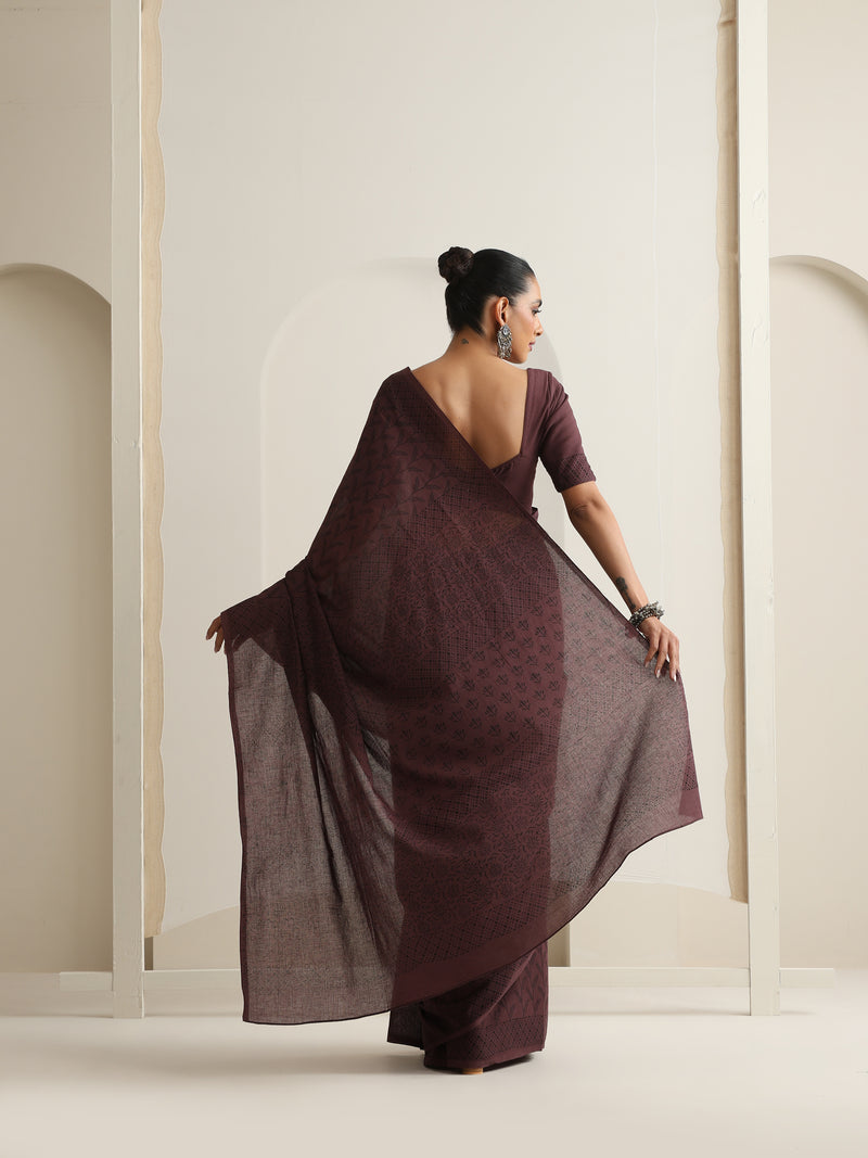 Women Hand Block Brown Pure Cotton Printed Saree
