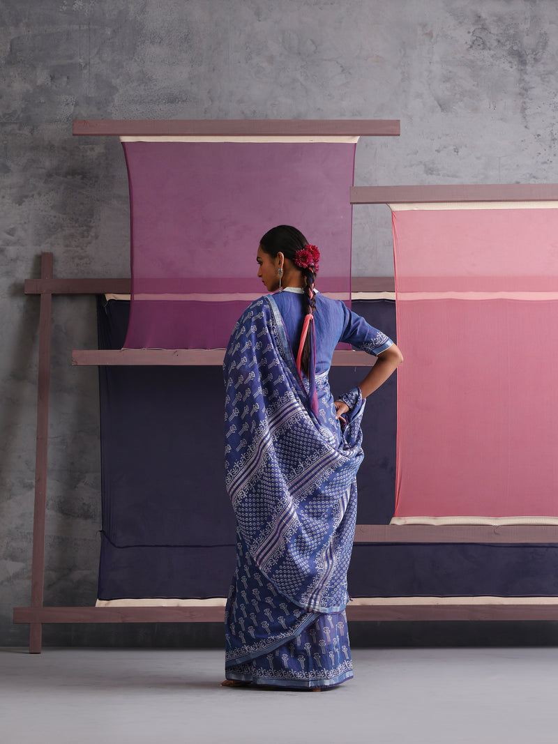 Women Hand Block Blue Cotton Linen Printed Saree