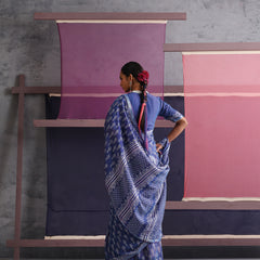 Women Hand Block Blue Cotton Linen Printed Saree