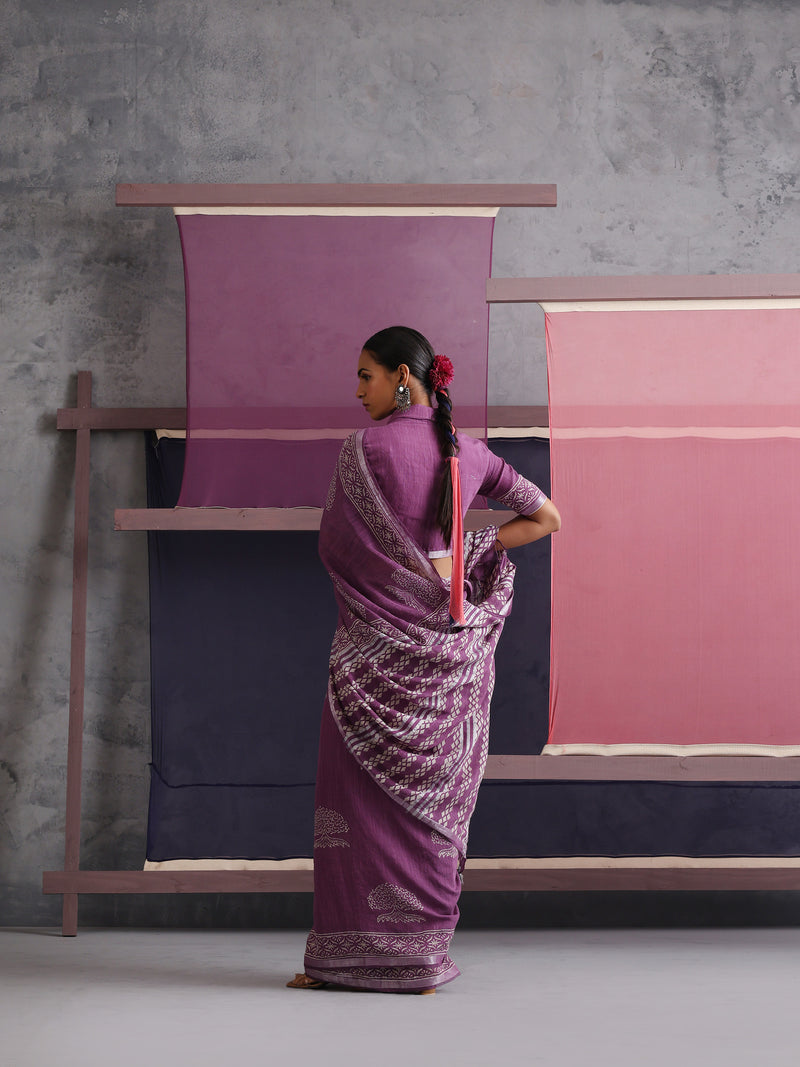 Women Hand Block Purple Cotton Linen Printed Saree