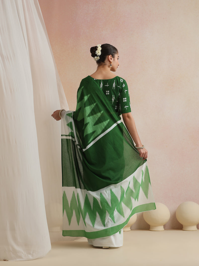 Women Hand Block Green Pure Cotton Printed Saree