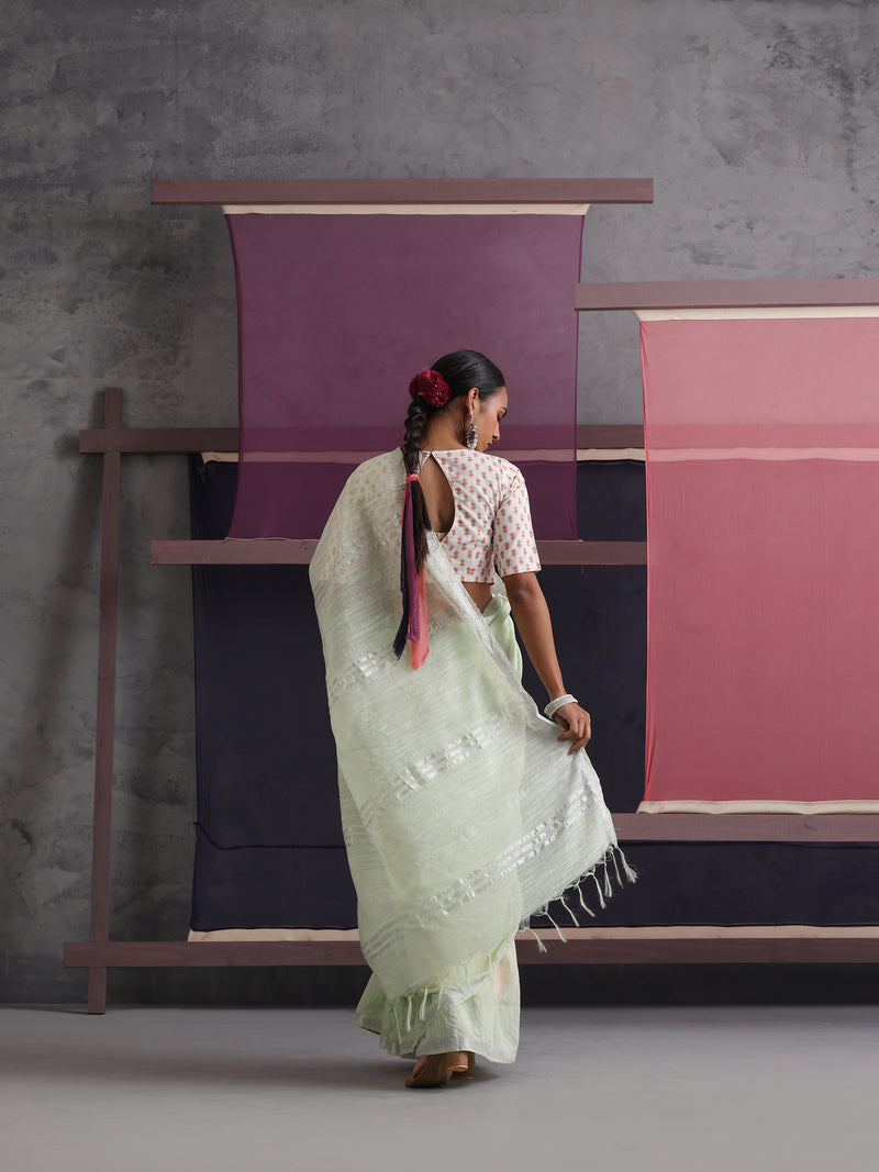 Women Cotton Green Linen Printed Saree