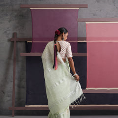 Women Cotton Green Linen Printed Saree