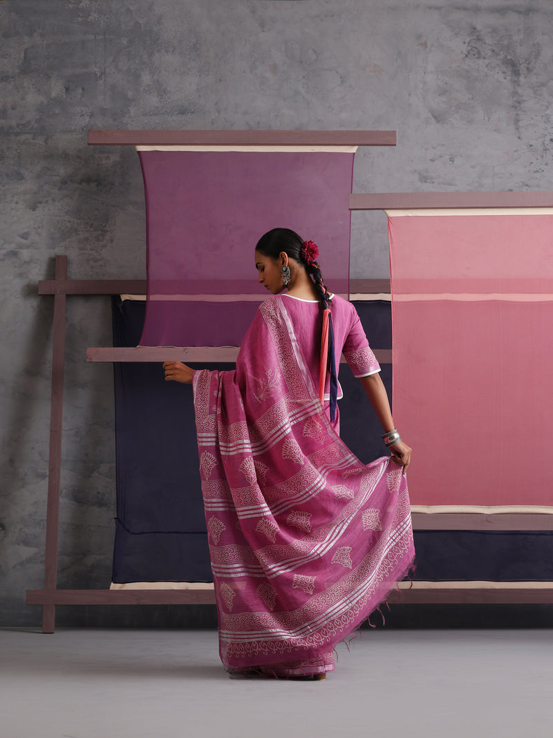 Women Hand Block Pink Cotton Linen Printed Saree