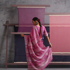 Women Hand Block Pink Cotton Linen Printed Saree